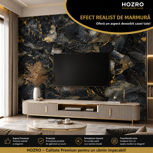 Rola Tapet Autocolant Premium 3D HOZRO – Aspect de Marmură Neagra, 3 x 1.2 m (3.6 mp)- 605-3 HOZRO