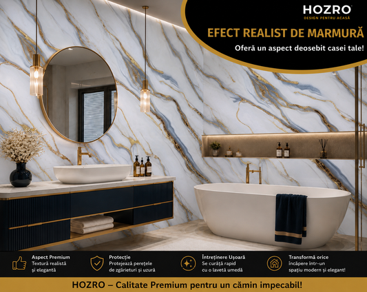 Rola Tapet Autocolant Premium 3D HOZRO – Aspect de Marmură Albastru Deschis/Gold, 3 x 1.2 m (3.6 mp)- 605-6 HOZRO