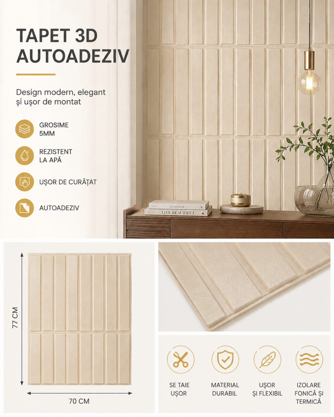 Set Tapet 3D, GROSIME 5MM, Hozro, autoadeziv, Model Abstract dreptunghiuri, design modern, foarte usor de montat, Tapet Beige deshis HOZRO