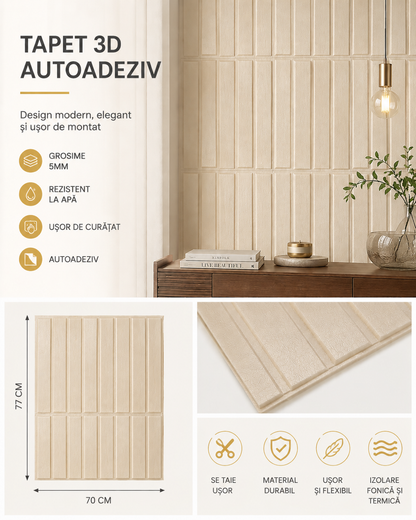 Set Tapet 3D, GROSIME 5MM, Hozro, autoadeziv, Model Abstract dreptunghiuri, design modern, foarte usor de montat, Tapet Beige deshis HOZRO