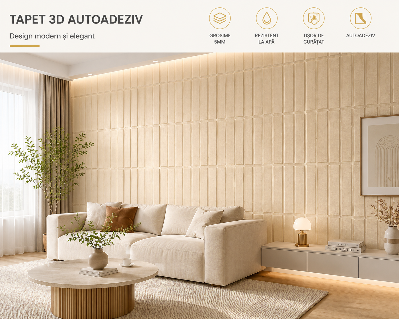 Set Tapet 3D, GROSIME 5MM, Hozro, autoadeziv, Model Abstract dreptunghiuri, design modern, foarte usor de montat, Tapet Beige deshis HOZRO