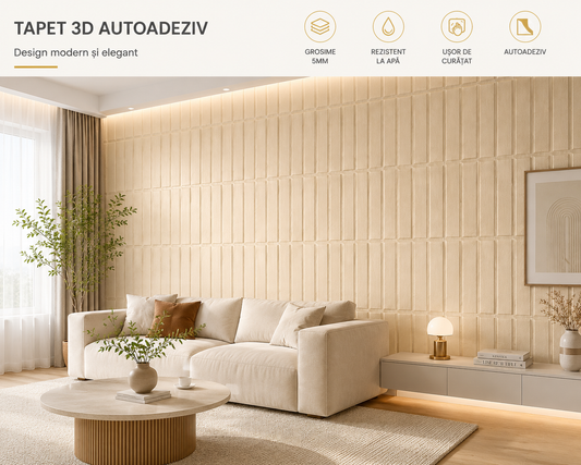 Set Tapet 3D, GROSIME 5MM, Hozro, autoadeziv, Model Abstract dreptunghiuri, design modern, foarte usor de montat, Tapet Beige deshis HOZRO