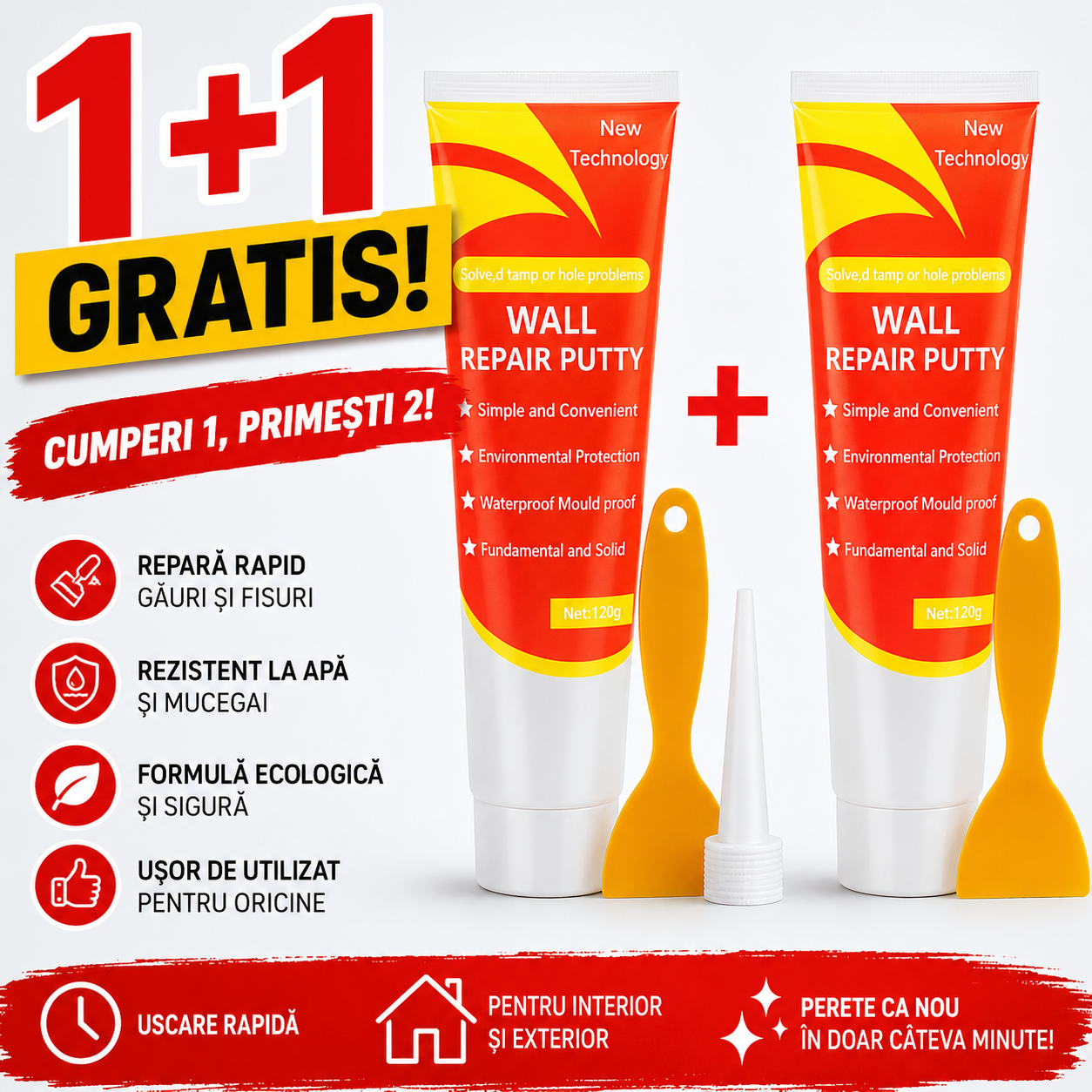 1+1 GRATIS Pasta pentru reparat pereti HOZRO, Spatula si Varf Aplicare, Alb BESTSELLS
