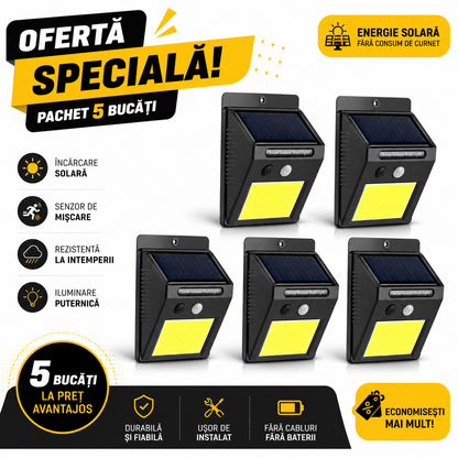 Set 5 Lămpi Solare cu 48 LED-uri HOZRO® – Senzor de Mișcare și Amurg, 3 Trepte de Iluminare, Ideale pentru Exterior BESTSELLS