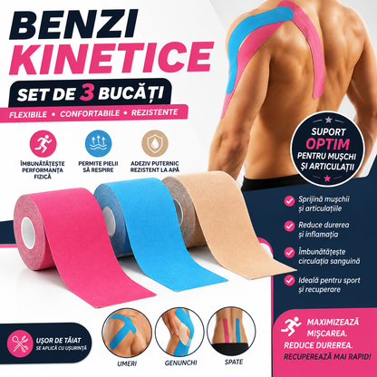 Set 3 Benzi Kinesiologice HOZRO 5 cm x 5 m, pentru Susținerea Mușchilor și Articulațiilor, Impermeabile, Fără Latex, Adeziv Delicat cu Pielea BESTSELLS
