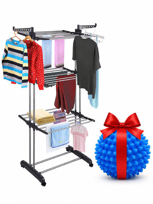 Pachet Smart pentru Uscarea Rufelor – Etajeră Verticală cu 3 Niveluri + Bilă Antișifonare Cadou BESTSELLS