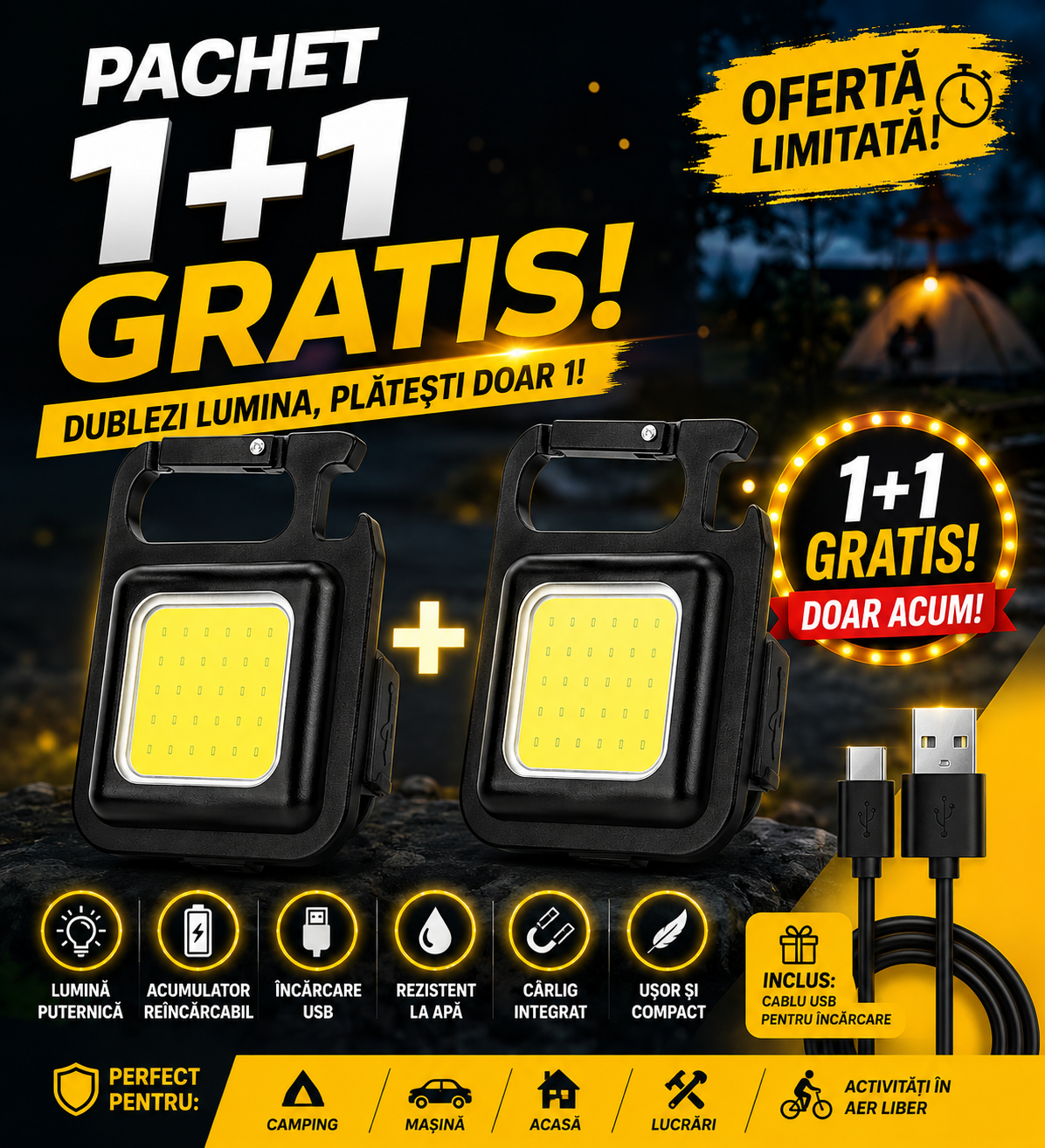 Pachet 1+1 GRATIS Mini lanterna HOZRO, Led tip breloc, Waterproof, Prindere magnetica BESTSELLS