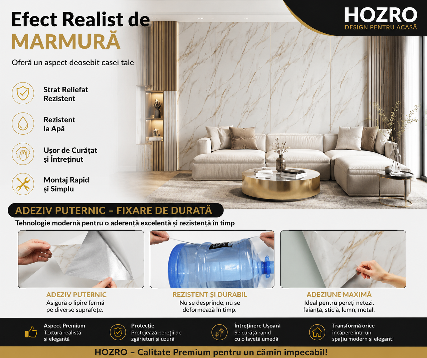 Rola Tapet Autocolant Premium 3D HOZRO – Aspect de Marmură Alb, 3 x 1.2 m (3.6 mp)- 605-1 HOZRO