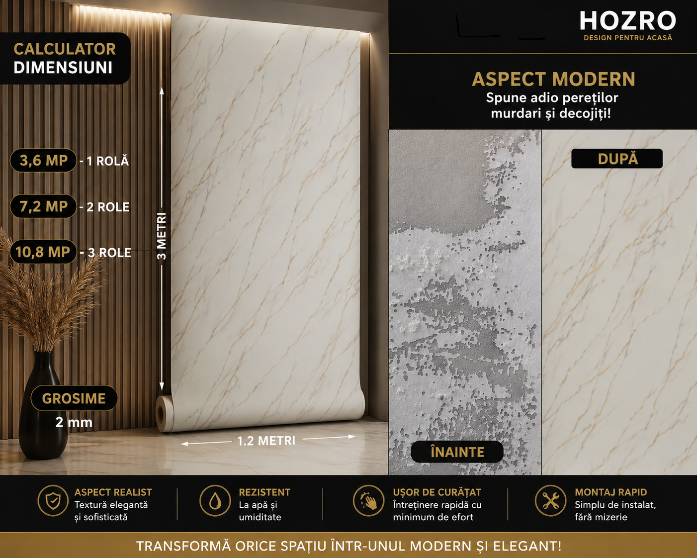 Rola Tapet Autocolant Premium 3D HOZRO – Aspect de Marmură Alb, 3 x 1.2 m (3.6 mp)- 605-1 HOZRO