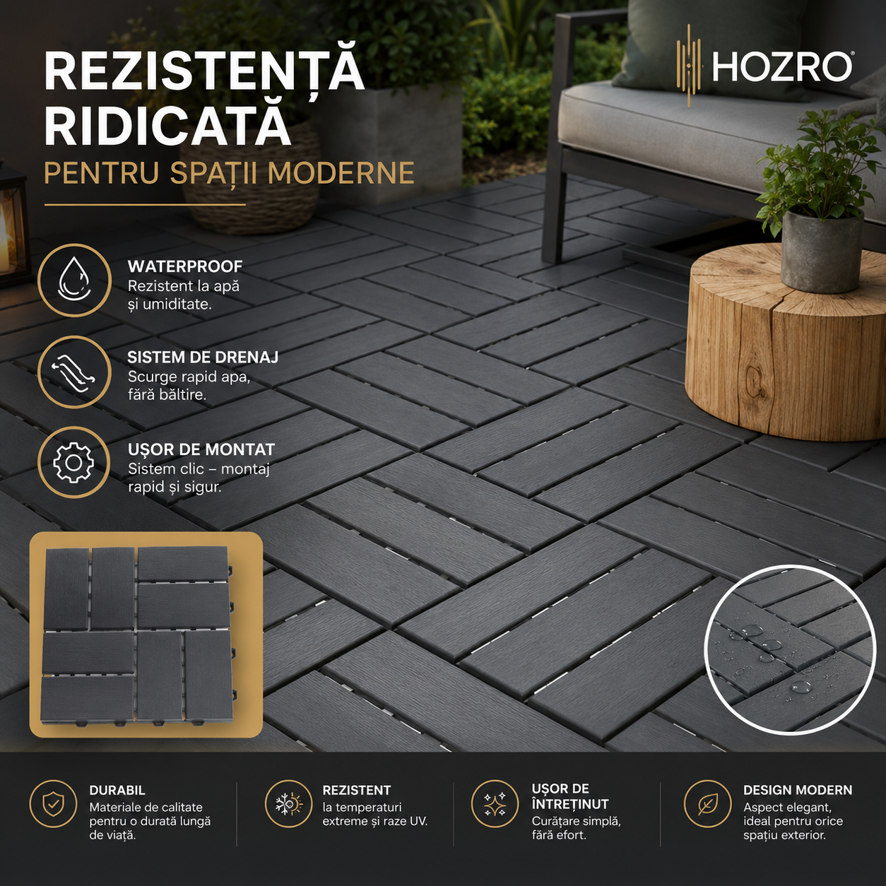 Pavaj de Terasă HOZRO, pentru Exterior, Plăci Interlocking 30 × 30 cm – Pardoseală Modulară Impermeabilă și Rezistentă la Intemperii, Ideală pentru Terasă, 602-24 HOZRO