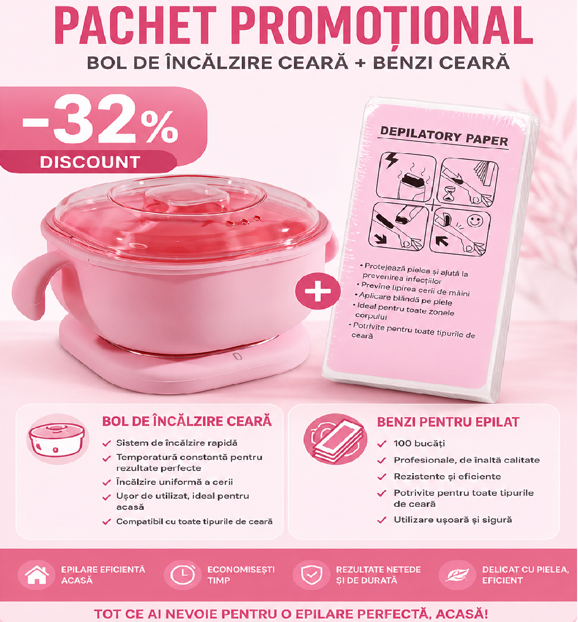 🎁 Pachet Promoțional Epilare Profesională HOZRO® – Încălzitor Ceară Pro-Wax Silicon + Set 100 Benzi Epilat HOZRO