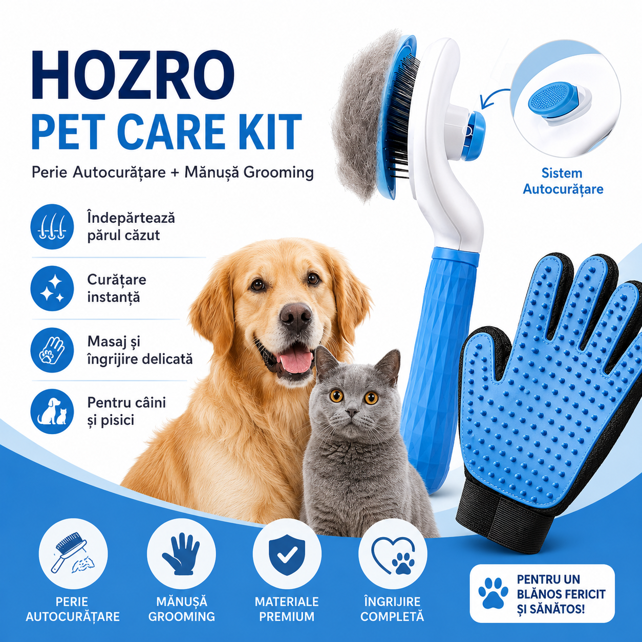 🐾 Pachet Promoțional Îngrijire și Toaletaj HOZRO® – Perie cu Autocurățare + Mănușă din Silicon pentru Masaj HOZRO