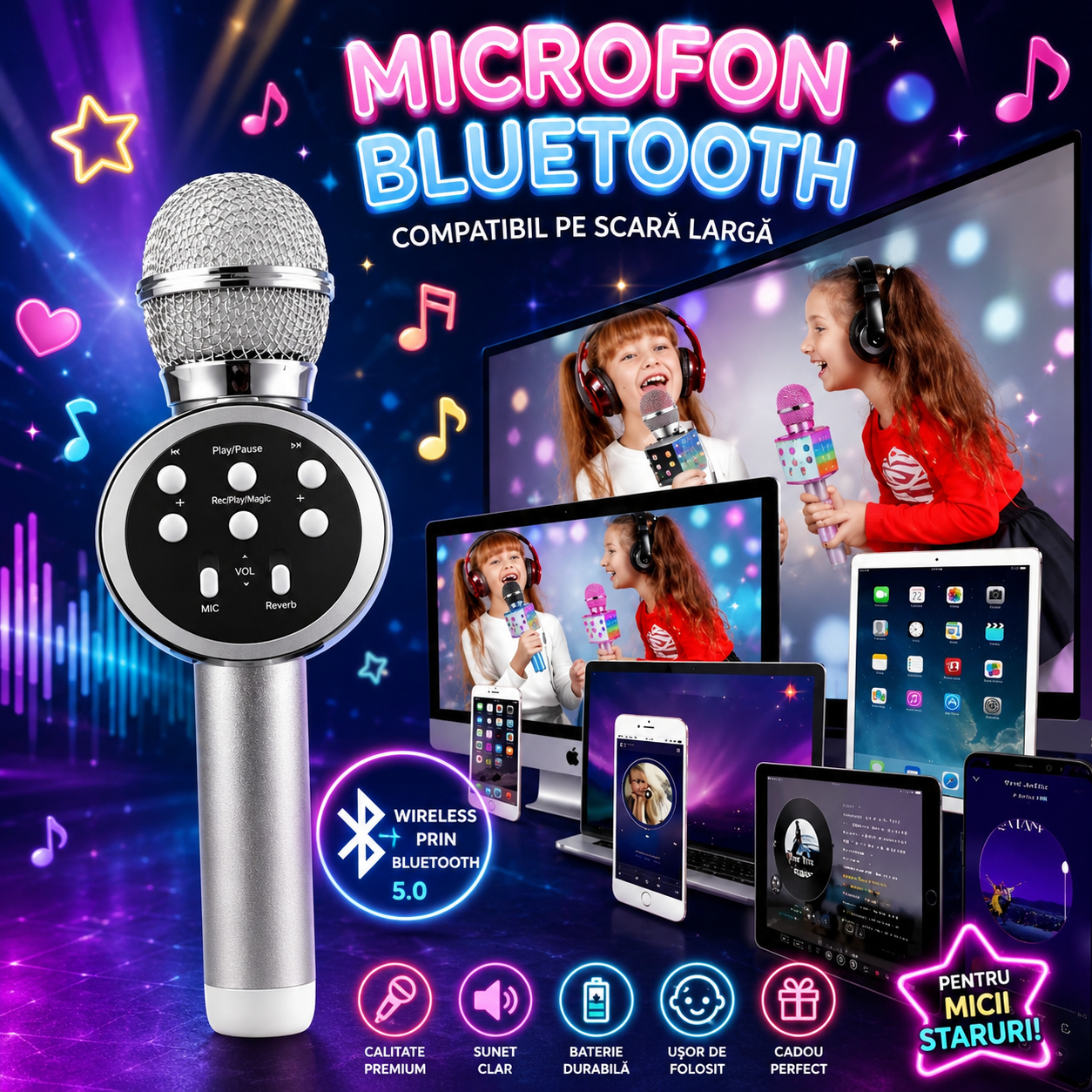 Microfon karaoke Disco V-11 Hozro, fara fir, cu Radio si Recorder, wireless sistem, profesional cu boxe si Bluetooth 4.1 HOZRO
