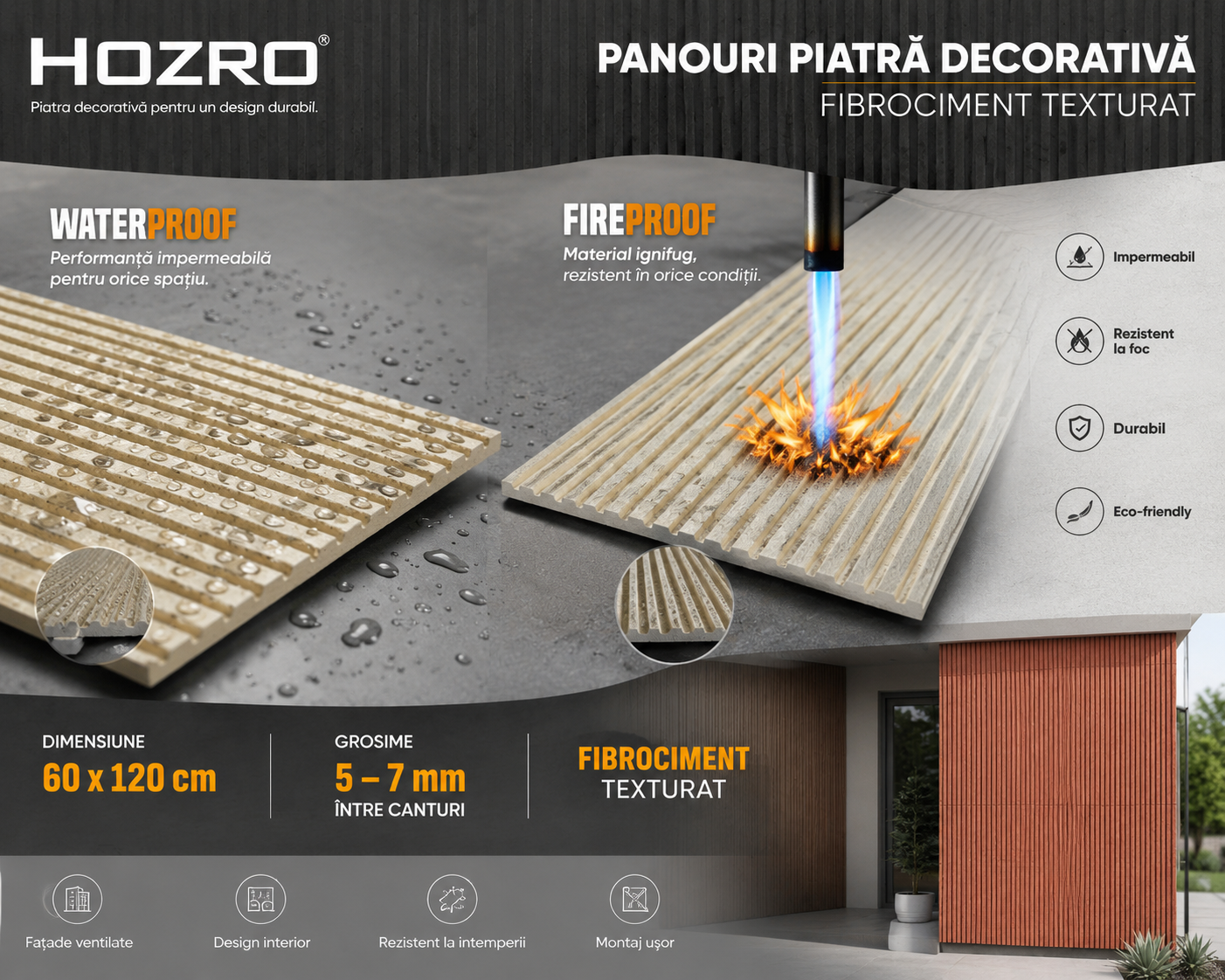 Panouri Decorative Exterior HOZRO, Soft Stone Skin 60 x 120 cm – Finisaj Elegant Tip Piatră, Montaj Rapid, Rezistență Ridicată pentru Fațade Moderne, Model 601