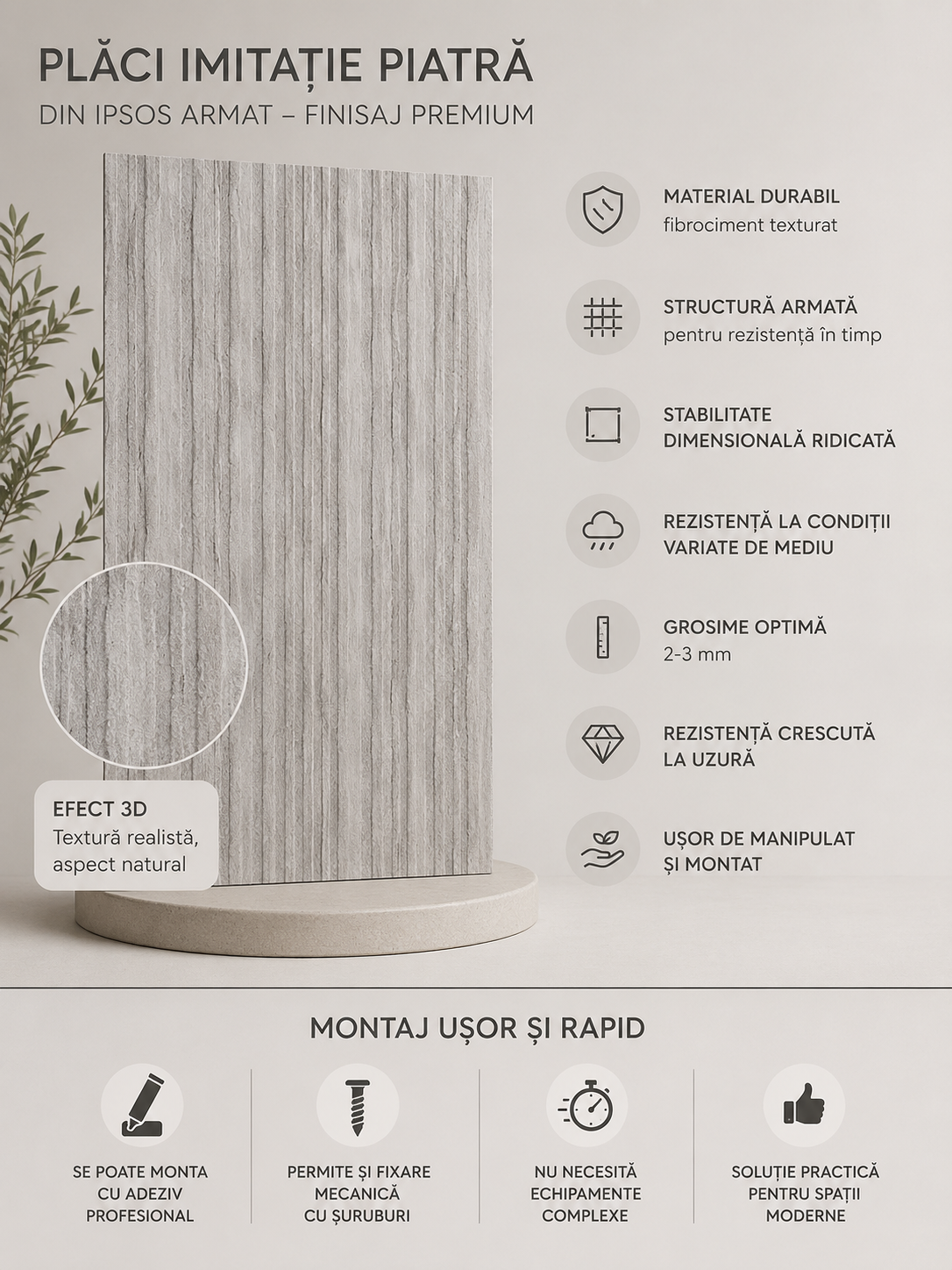 Panouri Decorative Exterior HOZRO, Plăci Decorative 3D cu Aspect de Tencuială Decorativă 60 x 120 cm – Finisaj Elegant Tip Piatră, Fațade Moderne, Model 605 HOZRO