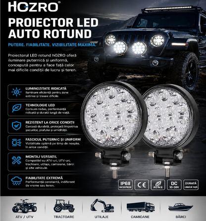 Lumină Profesională Hozro– Proiector LED auto, rotund, 42W, 14 leduri, pentru offroad, vanatoare, pescuit, utilaje,  Iluminare Puternica HOZRO