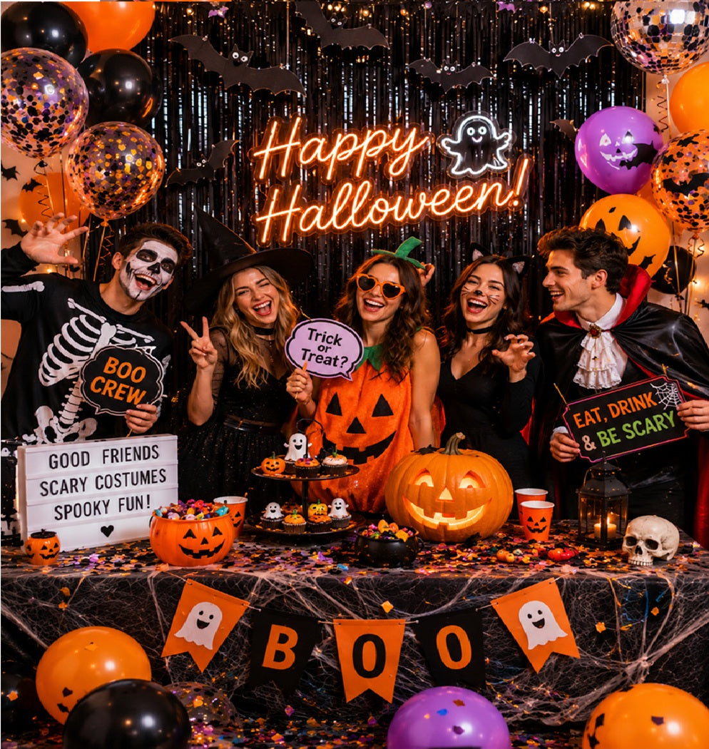 PACHET PETRECERE Halloween - Lampa ambientala Apus de Soare RGB, HOZRO, efecte de lumini + Perdea petrecere + 60 Baloane Cu confetii BESTSELLS