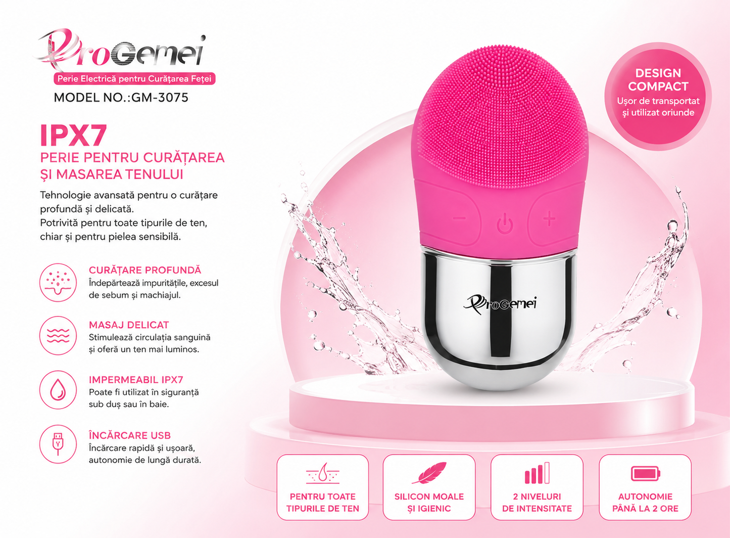 Aparat de masaj facial Hozro GM-3075, incarcare wireless, motor silentios, dock incarcare, viteza ajustabila, peri moi, impermeabil, curatare ten HOZRO