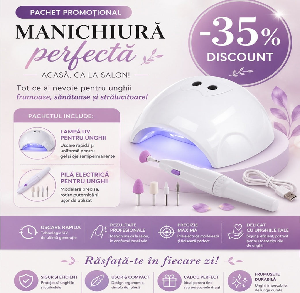 💅 Set Promoțional HOZRO® Ultimate Beauty: Lampă UV Unghii + Kit Pilă Electrică Manichiură & Pedichiură HOZRO