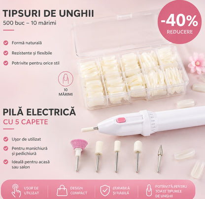 💅 Pachet Promoțional HOZRO® Express Salon: Kit Complet Pilă Electrică Mani-Pedi + Set 500 Tips-uri Profesionale HOZRO