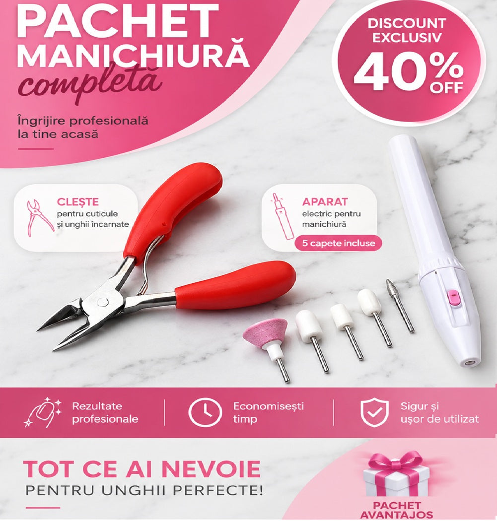 💅 Pachet Premium Manichiura și Pedichiură HOZRO®: Kit Pilă Electrică Mani-Pedi + Clește Profesional din Oțel Inoxidabil HOZRO