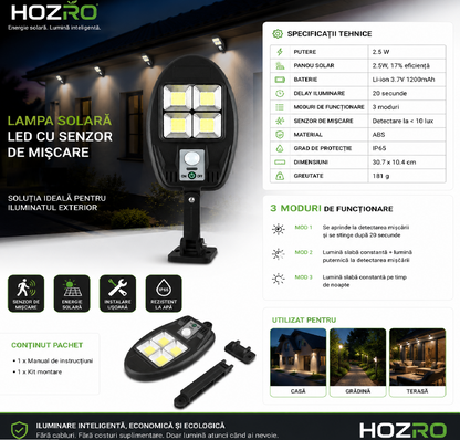 Napelemes lámpa, 3 üzemmód, ON/OFF gomb CL182-6, HOZRO, – LAMPA-JX-256 modell, ultra fényes SMD, hideg fehér fény, mozgásérzékelő, vízálló
