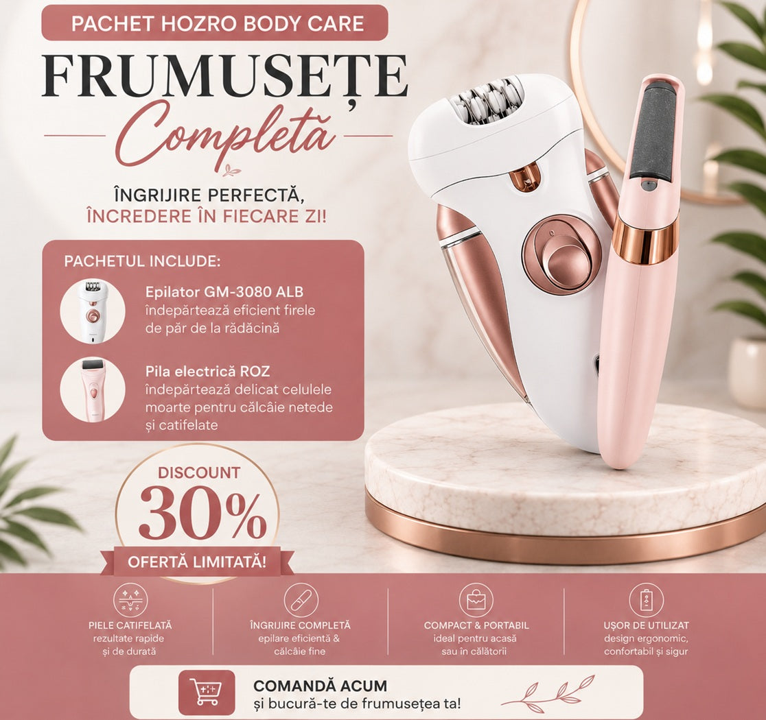🌟Pachet HOZRO Body Care: Epilator și Aparat de Ras GM-3080 Alb + Pilă Electrică Călcâie Roz HOZRO