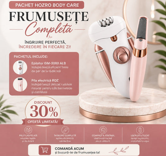 🌟Pachet HOZRO Body Care: Epilator și Aparat de Ras GM-3080 Alb + Pilă Electrică Călcâie Roz HOZRO