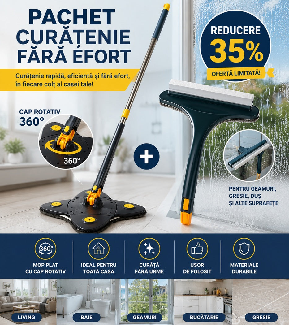 Pachet Curățenie Premium: Mop Plat cu Stoarcere Rotativă 360° și Ștergător Geamuri 2 în 1, Multifuncțional, Albastru Închis HOZRO