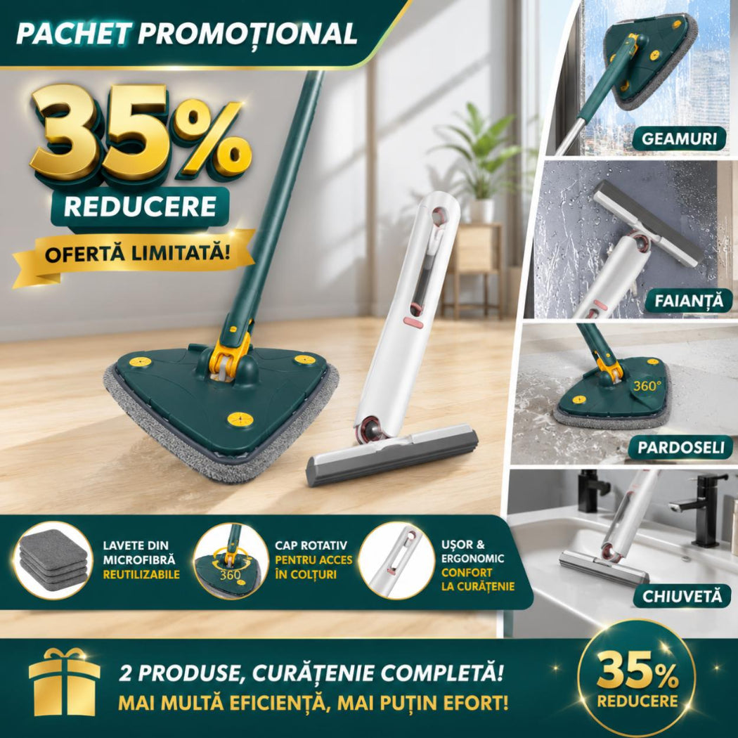Pachet Curățenie HOZRO: Mop Mini Portabil Squeeze cu Burete Absorbant și Mop Rotativ Model Inimă, Lavete Microfibră Incluse, Verde HOZRO