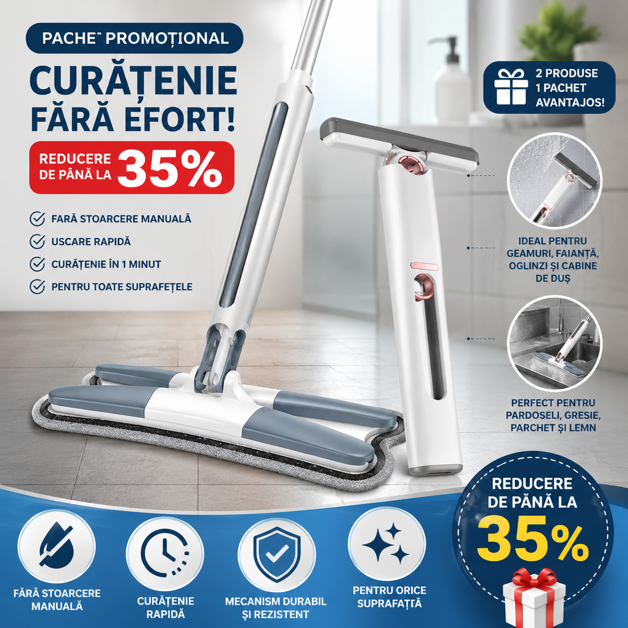 Pachet Curățenie HOZRO: Mop Plat Tip X cu Autostoarcere, 140 cm + Mini Mop Portabil Squeeze cu Burete Absorbant, Umed/Uscat HOZRO