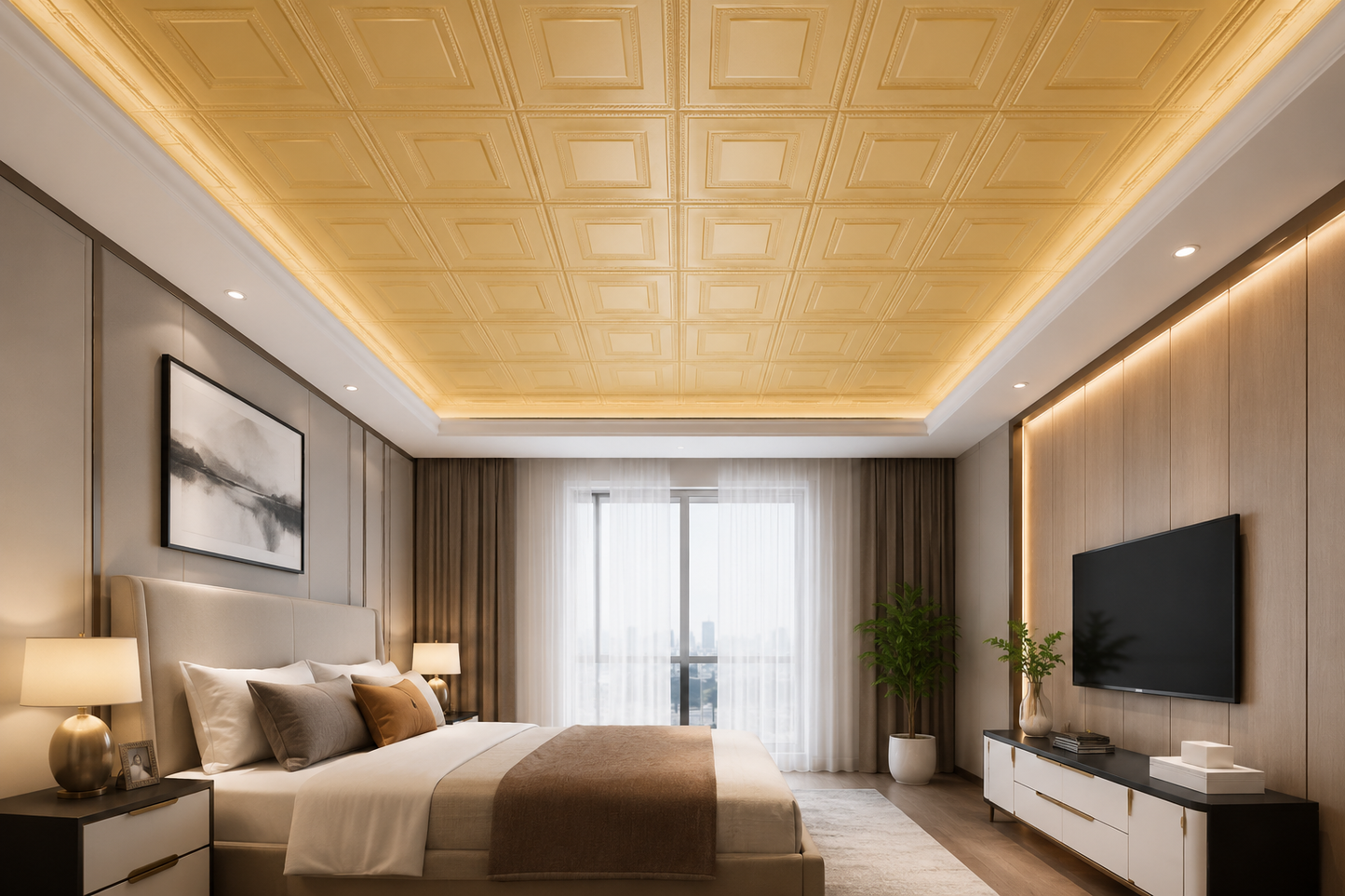 Tapet 3D autoadeziv, Model imitatie caramida, design modern, foarte usor de montat, Auriu patrate HOZRO