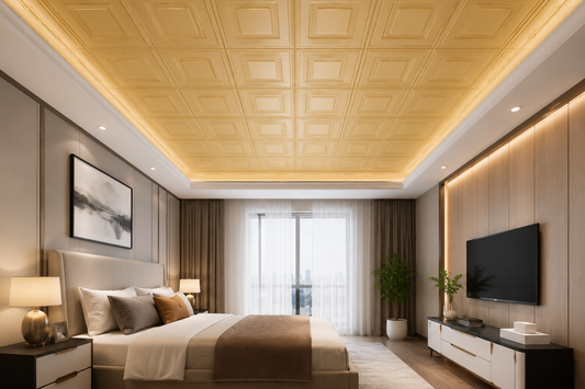 Tapet 3D autoadeziv, Model imitatie caramida, design modern, foarte usor de montat, Auriu patrate HOZRO