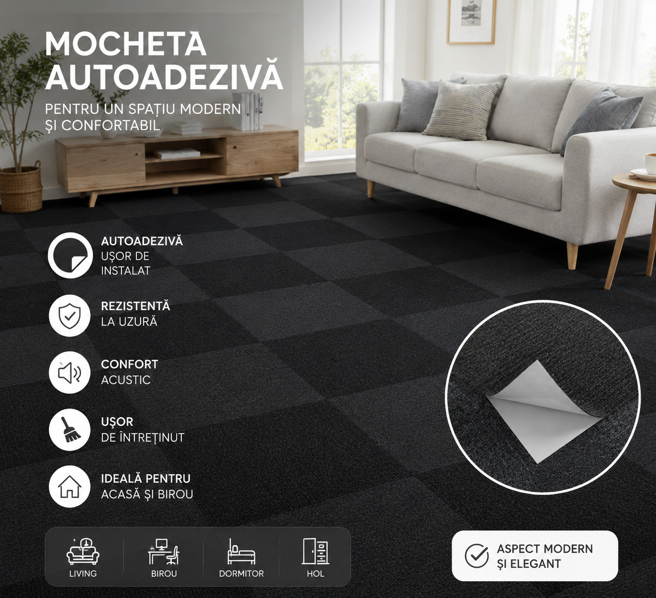 Placi adezive tip mocheta HOZRO, 60X60 cm, usor de instalat, material textil, antiderapante, usor de curatat, model NEGRU 602-21 BESTSELLS