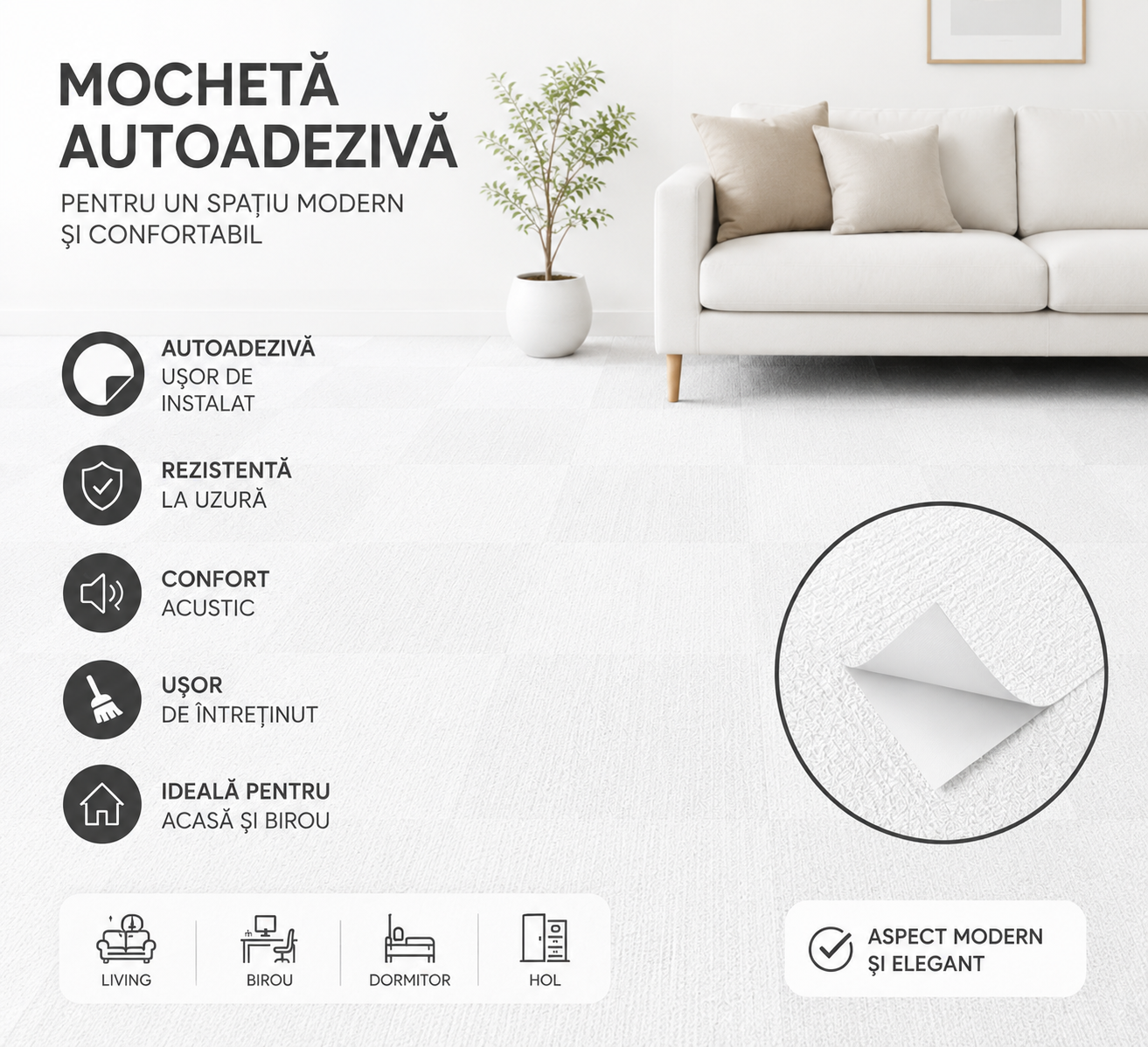 Placi adezive tip mocheta HOZRO, 60X60 cm, usor de instalat, material textil, antiderapante, usor de curatat, model ALB 602-20 HOZRO