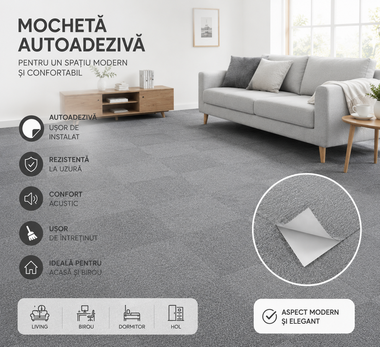 Mochetă autoadezivă HOZRO, 601-29, 60×60 cm, antiderapante, pentru subsol și pardoseli din beton, interior/exterior, uz comercial, culoare gri HOZRO