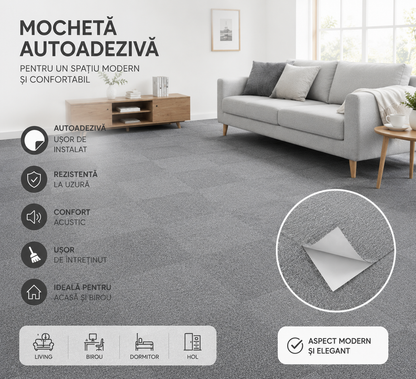 Mochetă autoadezivă HOZRO, 601-29, 60×60 cm, antiderapante, pentru subsol și pardoseli din beton, interior/exterior, uz comercial, culoare gri HOZRO