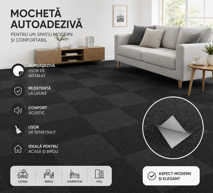 Mochetă autoadezivă HOZRO, 605-25, 60×60 cm, antiderapante, pentru subsol și pardoseli din beton, interior/exterior, uz comercial, culoare Gri Antracit HOZRO