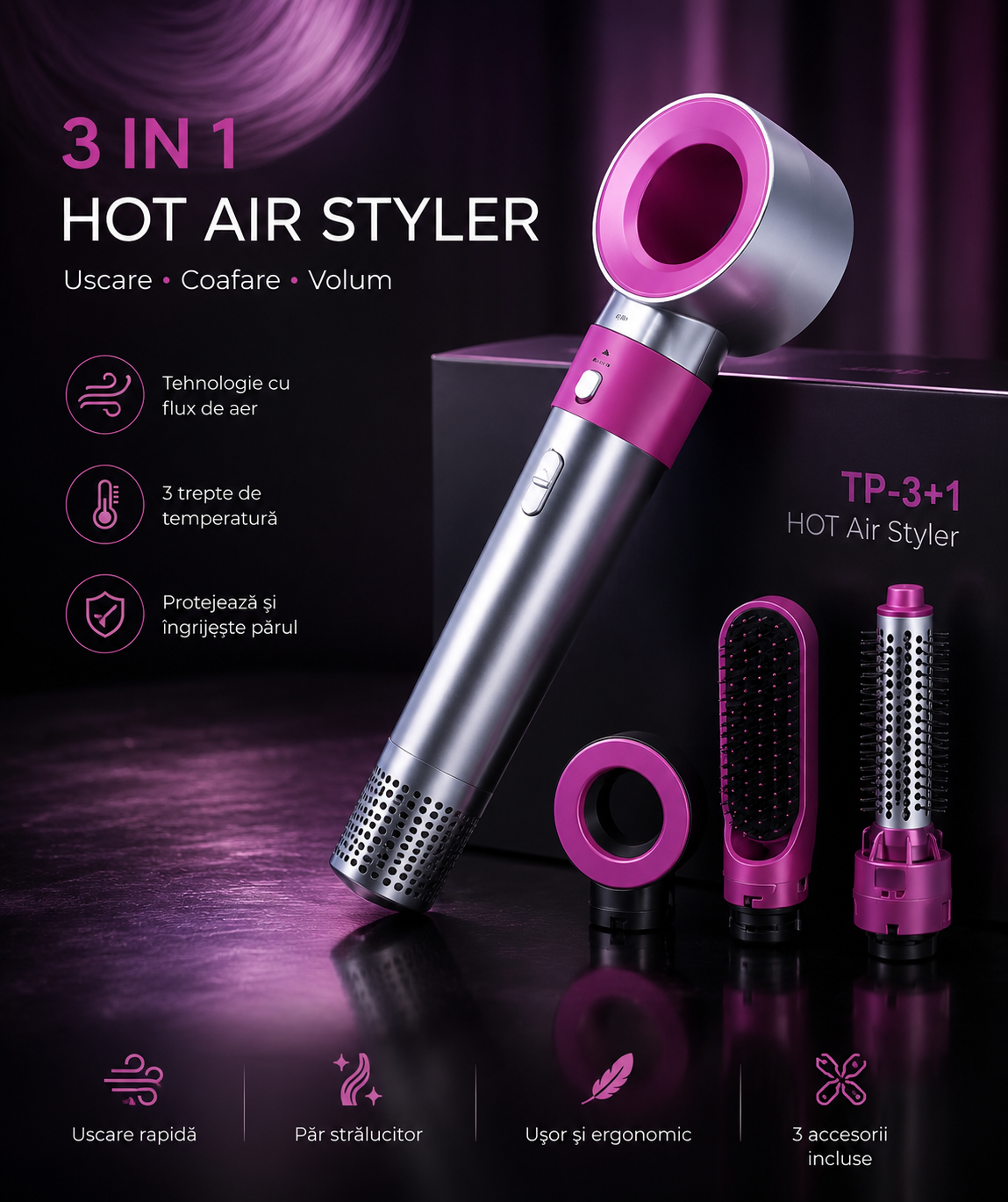 Perie HOT AIR 3 în 1 Mov HOZRO, Coafare Rapidă și Versatilă pentru Păr, Uscator de par multifunctional 3 in 1 cu aspiratie automata, pentru efect profesional HOZRO