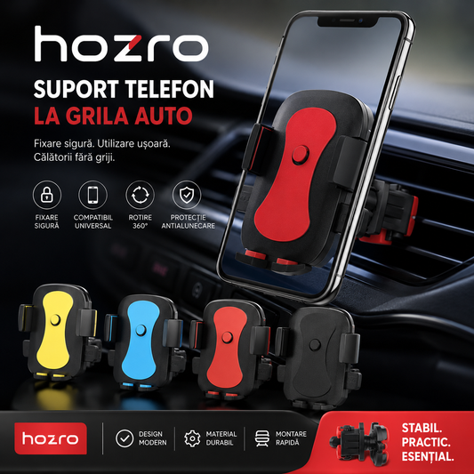 📱 Suport Auto Universal HOZRO® pentru Grila de Aerisire – Reglare 360°, Compact, Diverse culori HOZRO