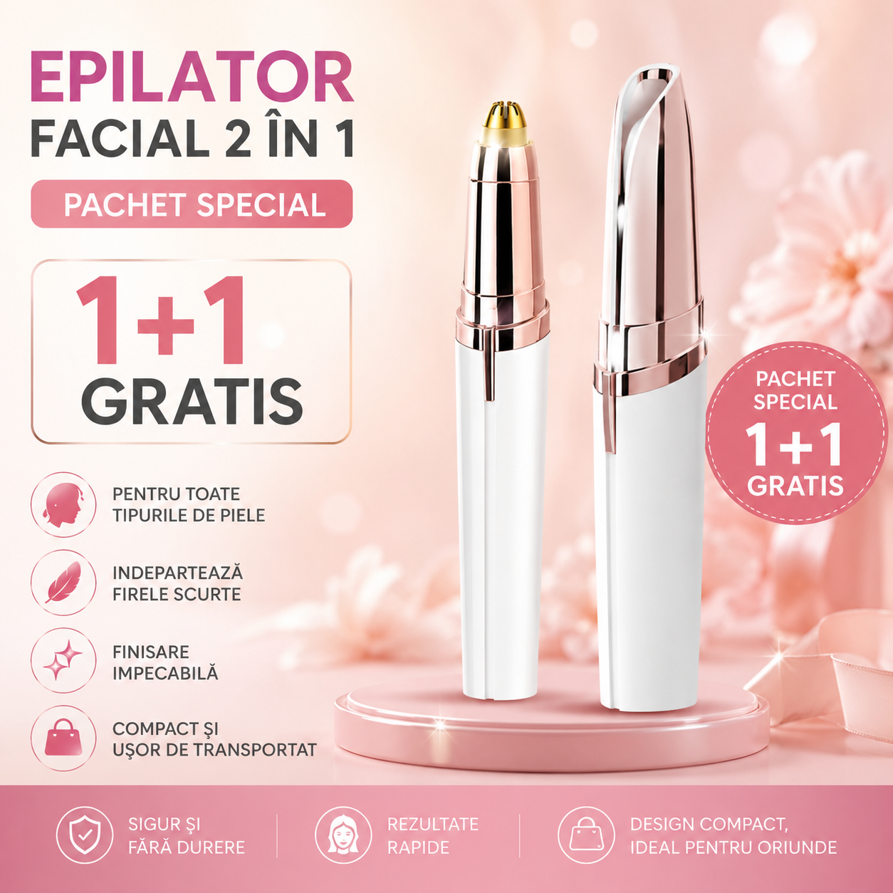 🌸 Set Epilator Facial și Epilator Sprâncene HOZRO® – Epilare Fără Durere, Încărcare USB, Design Portabil tip Ruj HOZRO