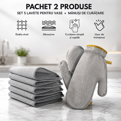 Pachet Premium pentru Curățare Eficientă: Set 2 Mănuși Abrazive Multifuncționale Hozro + Set 5 Lavete din Sârmă Argintie HOZRO