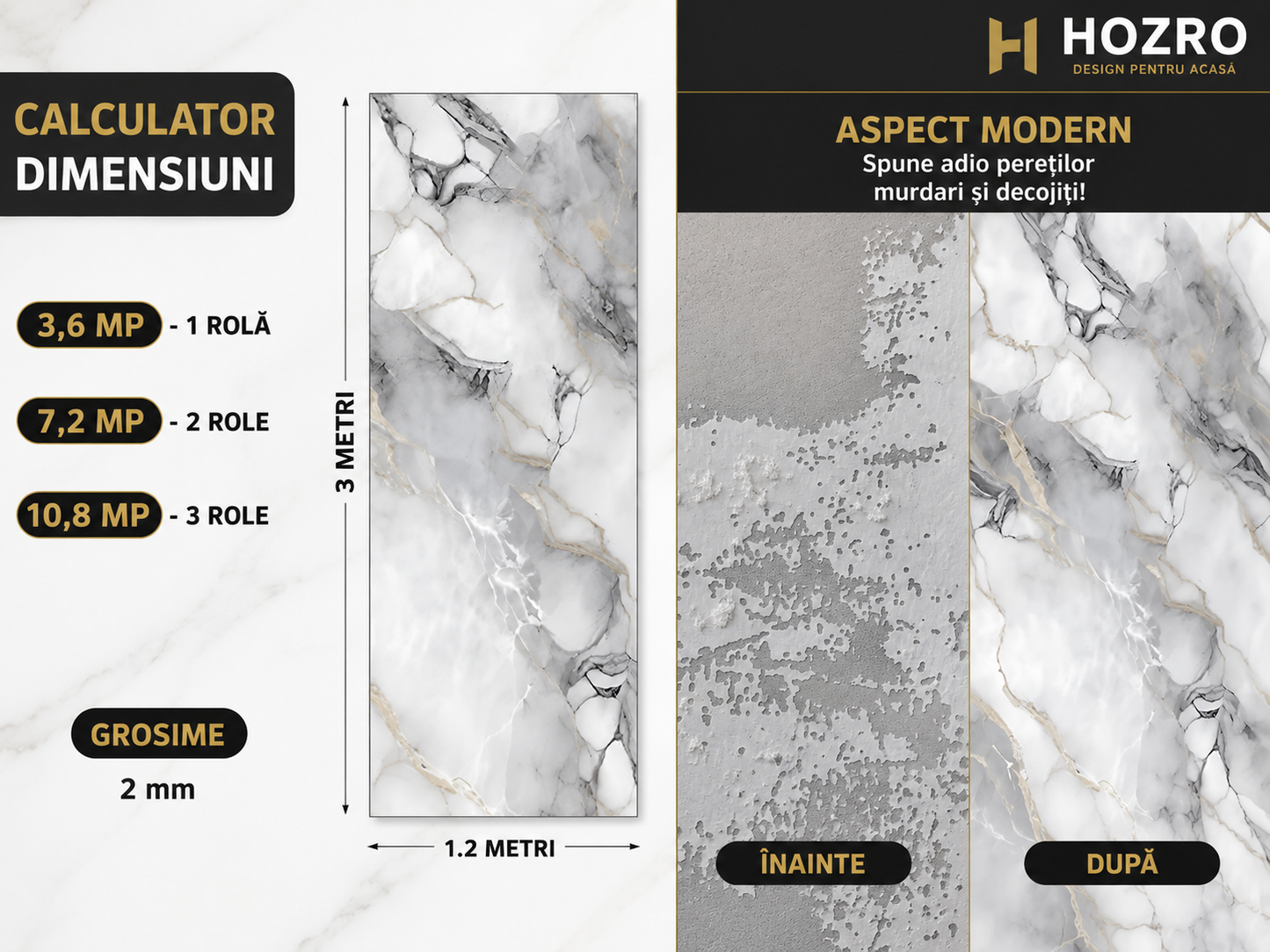 Tapet Autocolant Premium 3D HOZRO – Aspect de Marmură Argintie, 3 x 1.2 m (3.6 mp)- 605-2 BESTSELLS