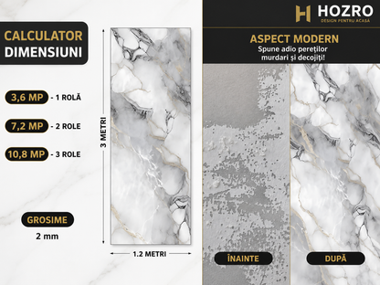 Tapet Autocolant Premium 3D HOZRO – Aspect de Marmură Argintie, 3 x 1.2 m (3.6 mp)- 605-2 BESTSELLS