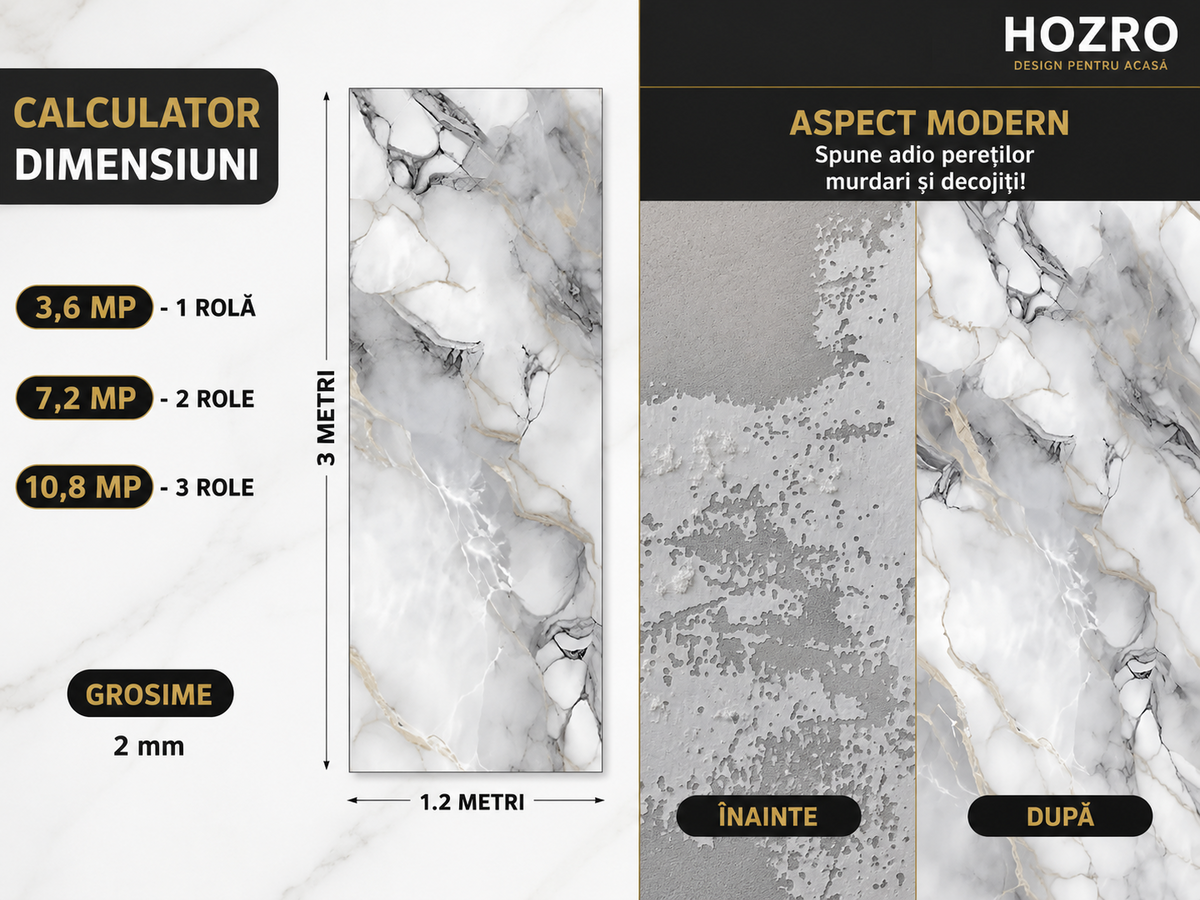Tapet Autocolant Premium 3D HOZRO – Aspect de Marmură Argintie, 3 x 1.2 m (3.6 mp)- 605-2 HOZRO