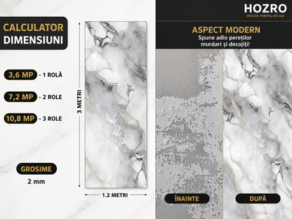 Tapet Autocolant Premium 3D HOZRO – Aspect de Marmură Argintie, 3 x 1.2 m (3.6 mp)- 605-2 HOZRO
