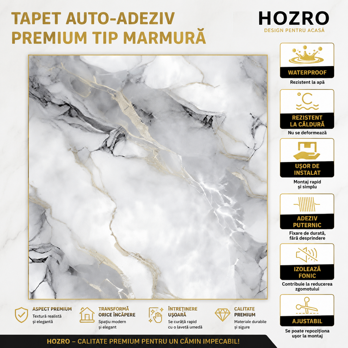 Tapet Autocolant Premium 3D HOZRO – Aspect de Marmură Argintie, 3 x 1.2 m (3.6 mp)- 605-2 HOZRO
