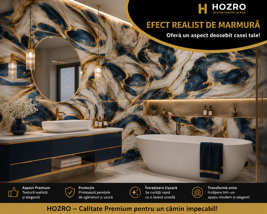 Tapet Autocolant Premium 3D HOZRO – Aspect de Marmură Albastru/gold, 3 x 1.2 m (3.6 mp)- 605-5 HOZRO