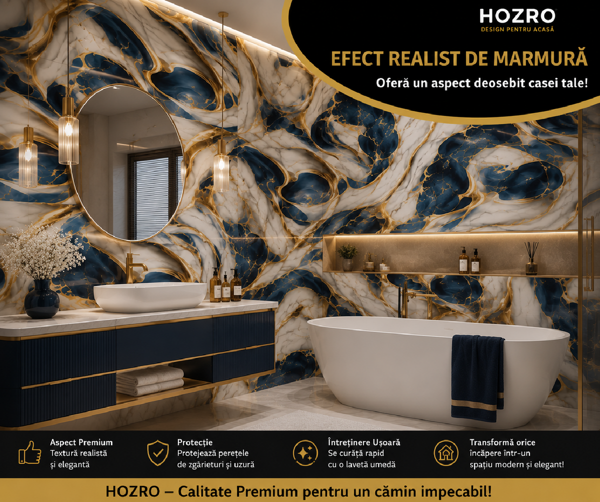 Rola Tapet Autocolant Premium 3D HOZRO – Aspect de Marmură Albastru/gold, 3 x 1.2 m (3.6 mp)- 605-5 HOZRO