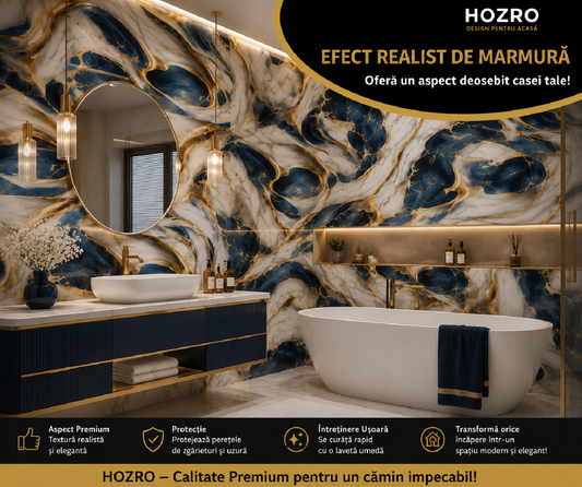 Rola Tapet Autocolant Premium 3D HOZRO – Aspect de Marmură Albastru/gold, 3 x 1.2 m (3.6 mp)- 605-5 HOZRO